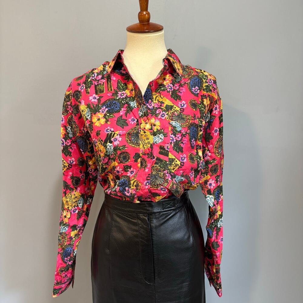 Vintage Bogari 100% Silk Floral Button Down Blouse Pink Western Wildflower M
